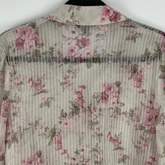 Conrad C Top Blouse Size 10 Pink Floral Long Sleeve Sheer Button Down Polyester - Picture 7 of 9